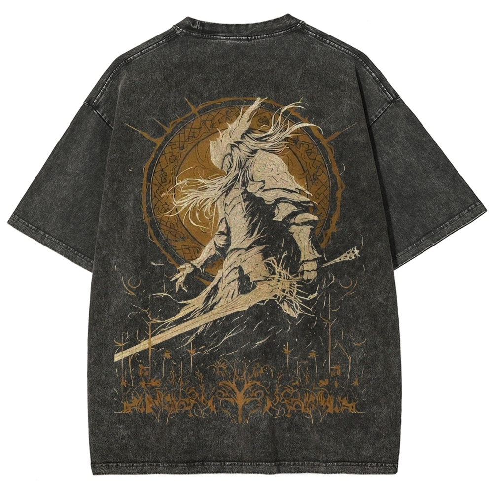Ethereal Armored Warrior Graphic Washed T-Shirt