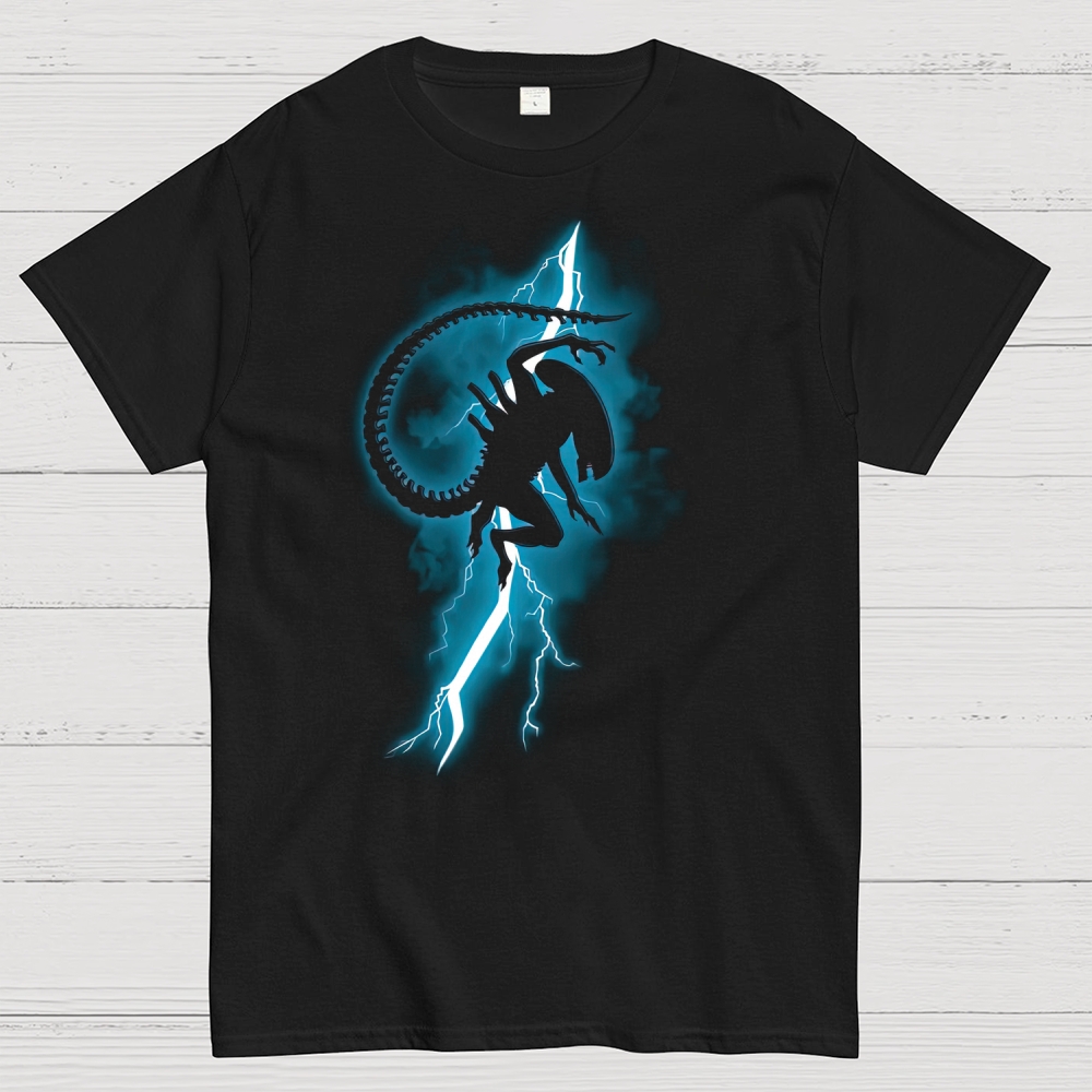 Biomechanical Creature & Lightning Graphic Cotton T-shirt
