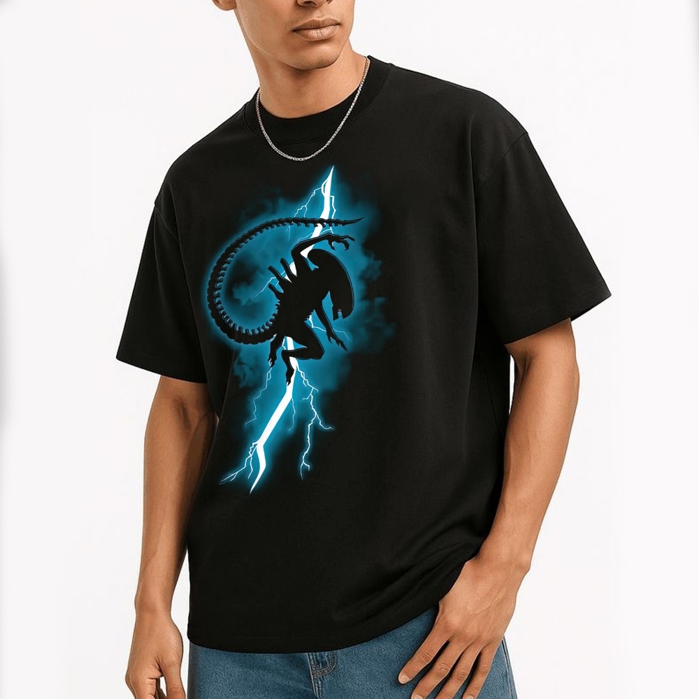 Biomechanical Creature & Lightning Graphic Cotton T-shirt