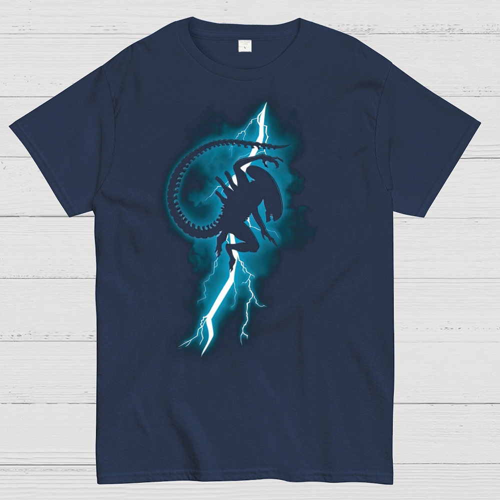 Biomechanical Creature & Lightning Graphic Cotton T-shirt