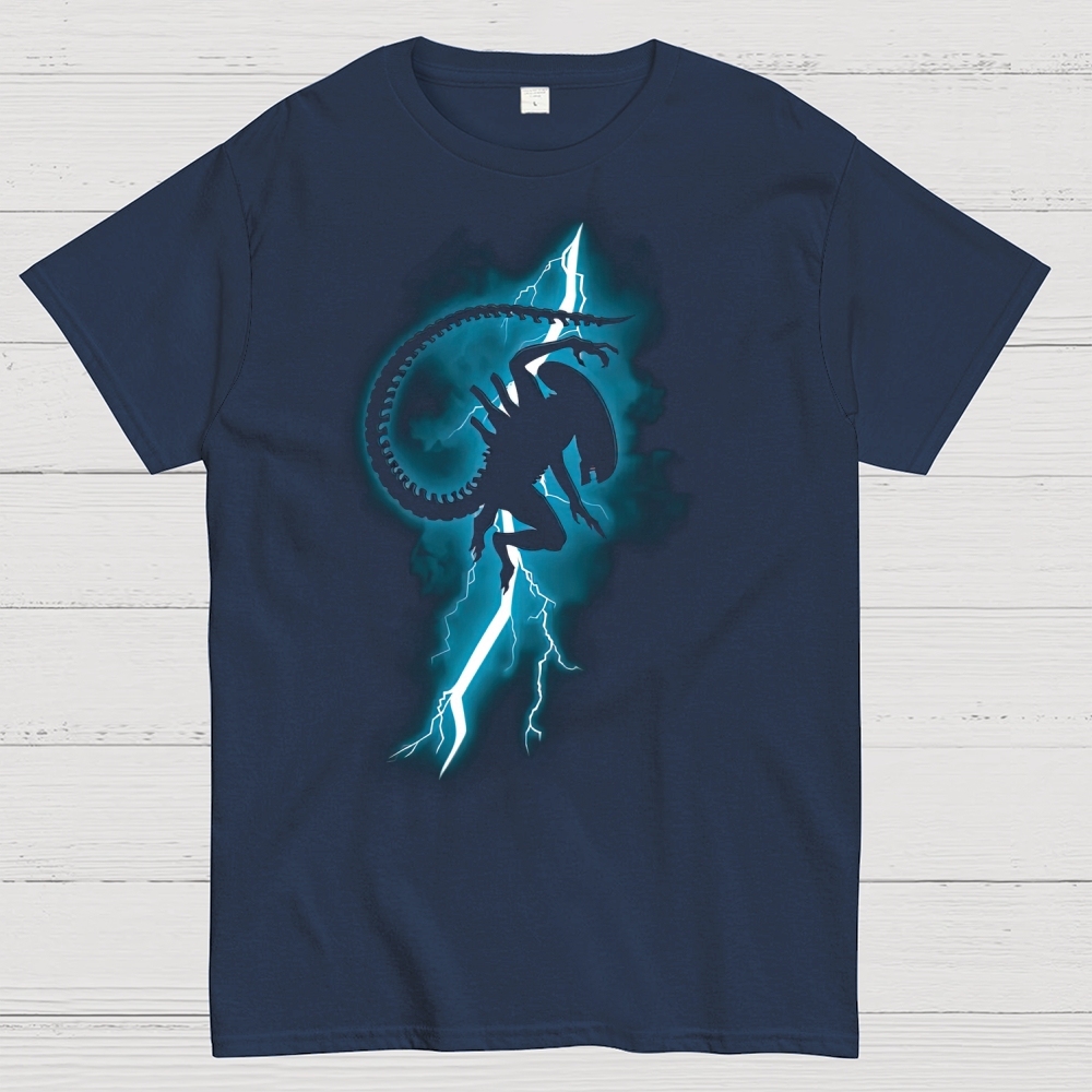 Biomechanical Creature & Lightning Graphic Cotton T-shirt