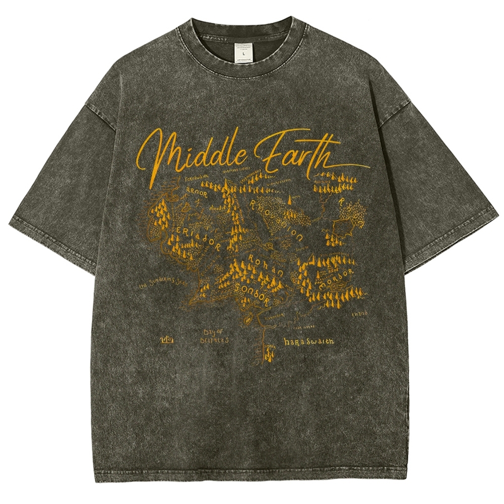 Middle Earth" Fantasy Map Graphic Washed T-Shirt