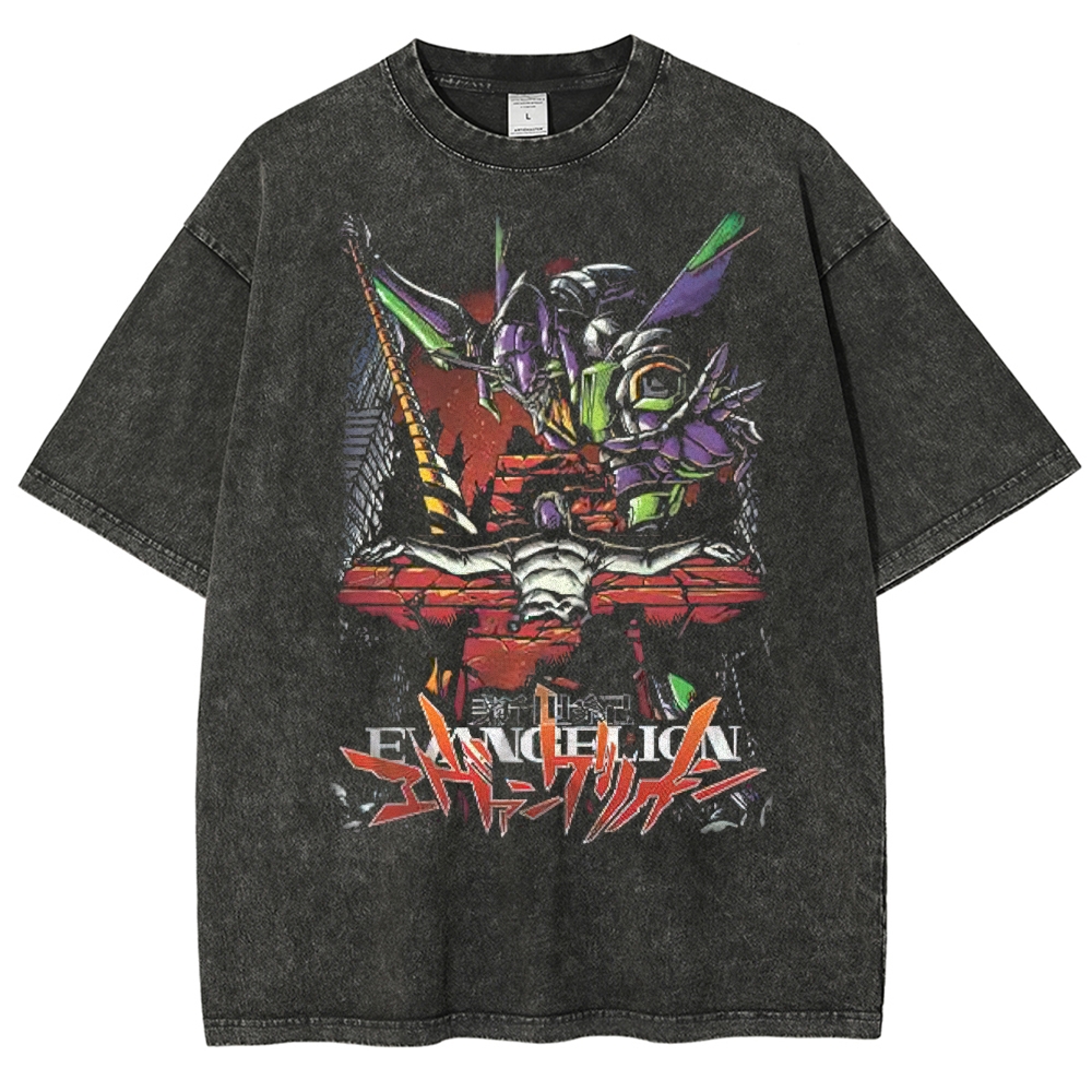 Apocalyptic Mecha & Cross Graphic Washed T-Shirt 