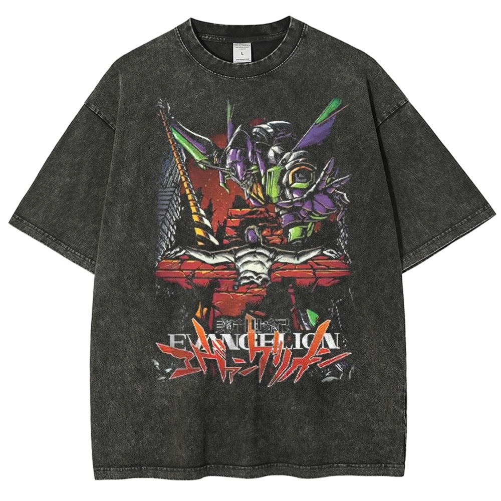 Apocalyptic Mecha & Cross Graphic Washed T-Shirt