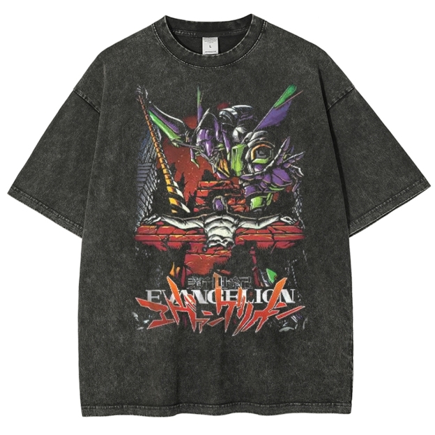 Apocalyptic Mecha & Cross Graphic Washed T-Shirt 