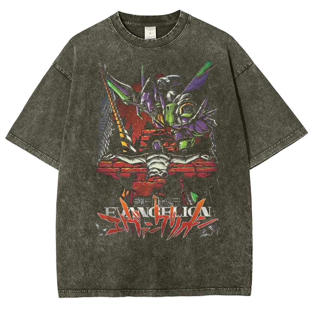 Apocalyptic Mecha & Cross Graphic Washed T-Shirt 