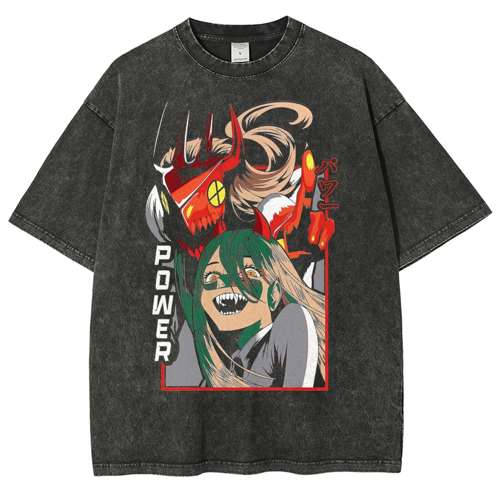Power Fiend Graphic Anime Washed T-Shirt 