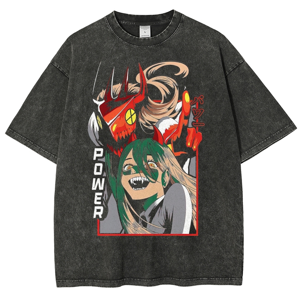 Power Fiend Graphic Anime Washed T-Shirt