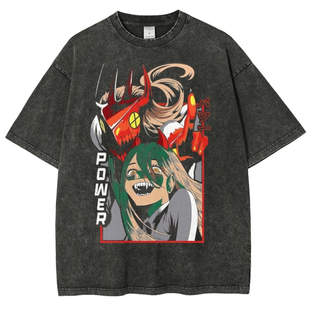 Power Fiend Graphic Anime Washed T-Shirt 