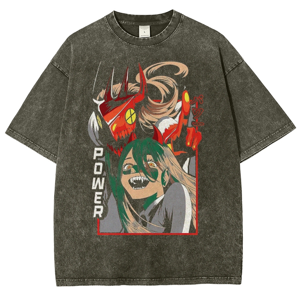 Power Fiend Graphic Anime Washed T-Shirt 