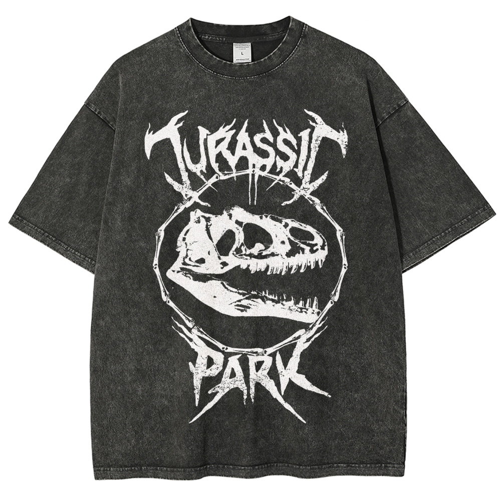  Metal-Style Dino Skull Graphic Washed T-Shirt