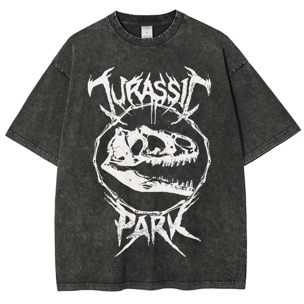 Metal-Style Dino Skull Graphic Washed T-Shirt