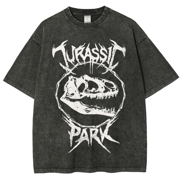  Metal-Style Dino Skull Graphic Washed T-Shirt