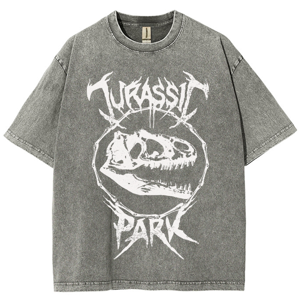 Metal-Style Dino Skull Graphic Washed T-Shirt