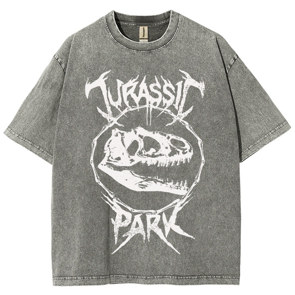  Metal-Style Dino Skull Graphic Washed T-Shirt