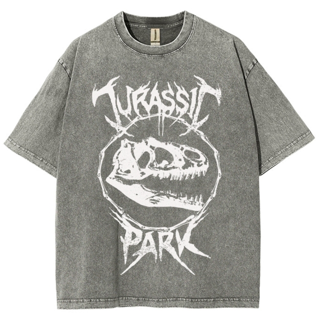  Metal-Style Dino Skull Graphic Washed T-Shirt
