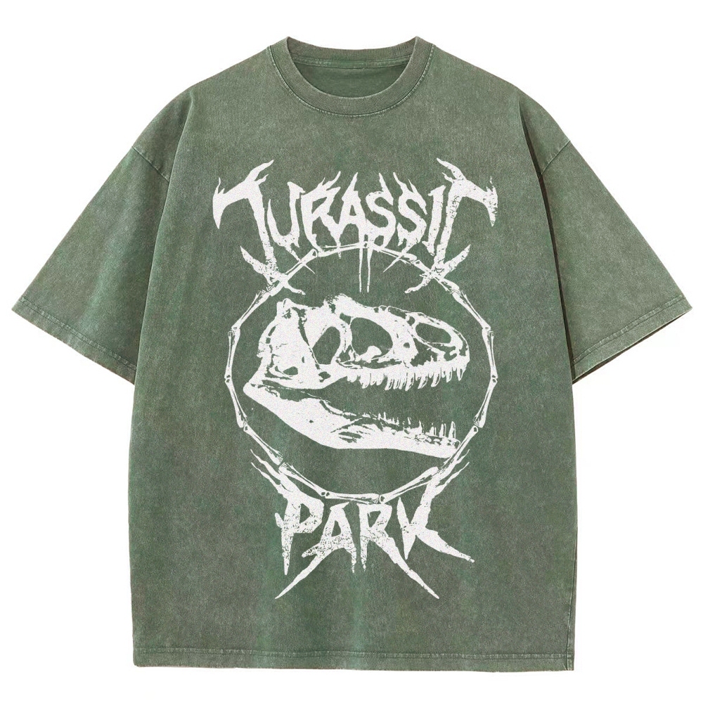  Metal-Style Dino Skull Graphic Washed T-Shirt