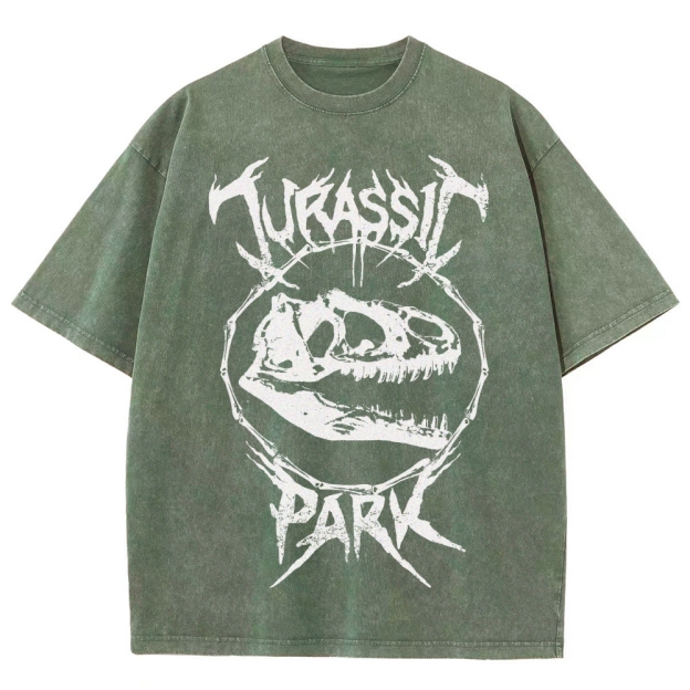  Metal-Style Dino Skull Graphic Washed T-Shirt