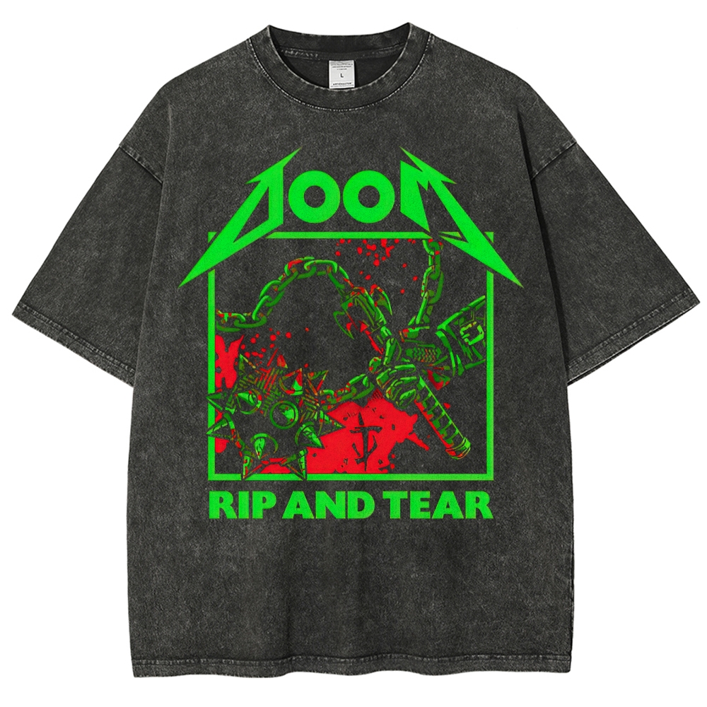 Doom Rip and Tear Thrash Metal Graphic Washed T-Shirt