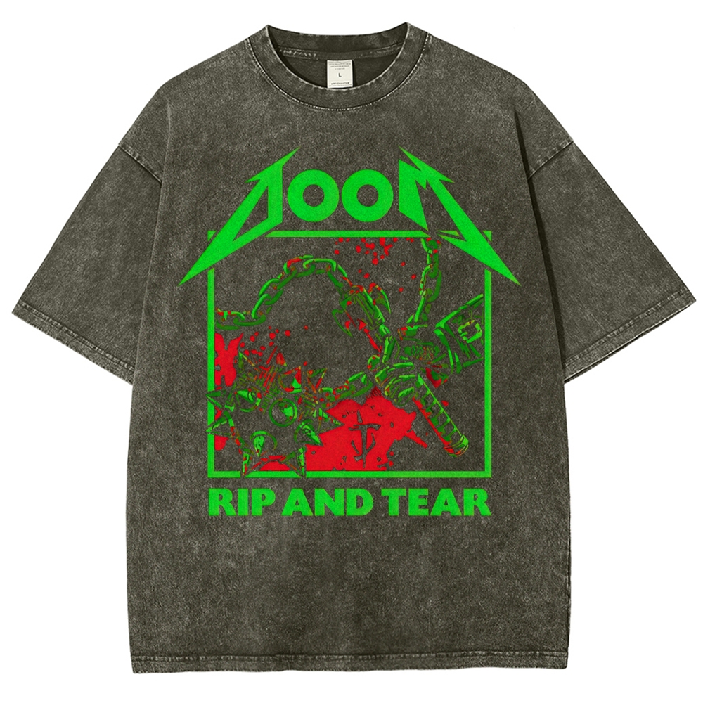 Doom Rip and Tear Thrash Metal Graphic Washed T-Shirt