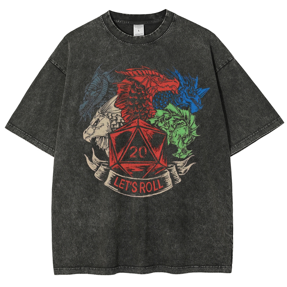 Let's Roll D20 Dragon Graphic Washed T-Shirt