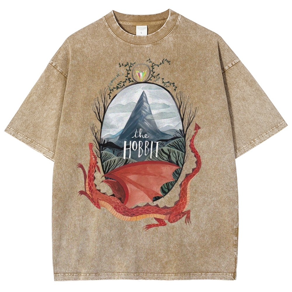 Watercolor-Style Mountain & Dragon Graphic Washed T-Shirt