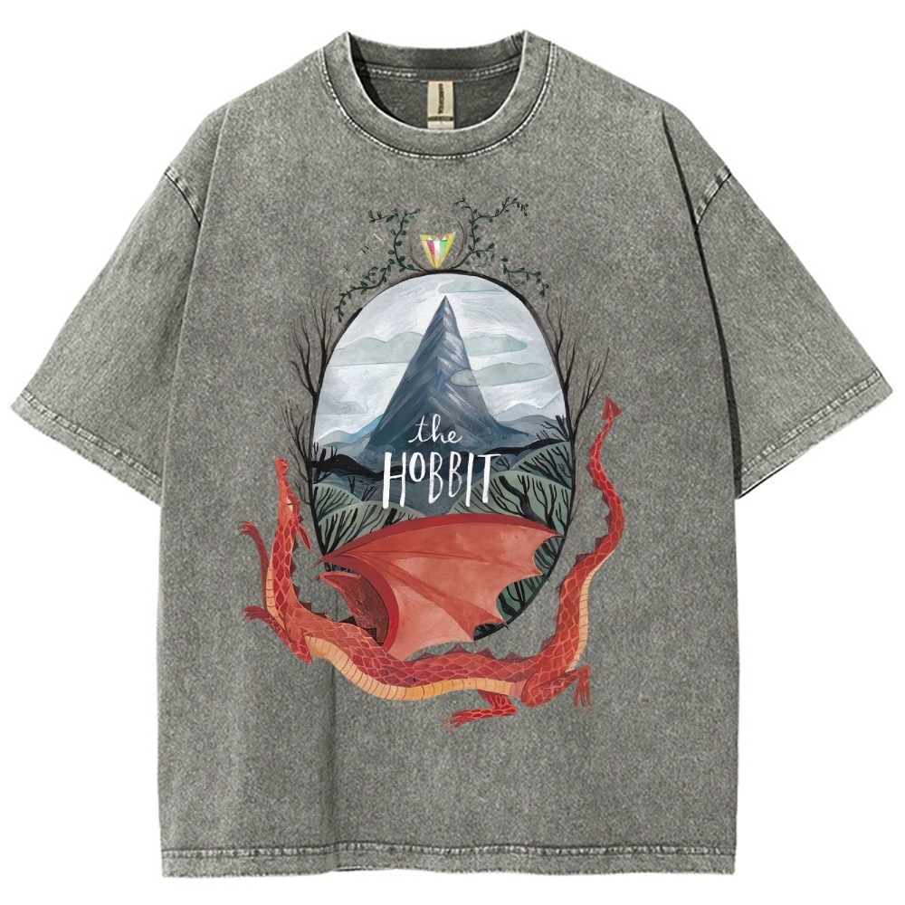 Watercolor-Style Mountain & Dragon Graphic Washed T-Shirt