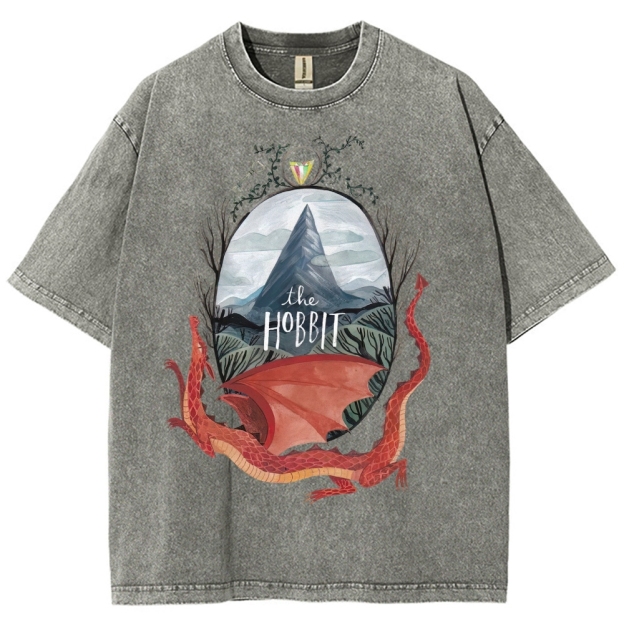 Watercolor-Style Mountain & Dragon Graphic Washed T-Shirt