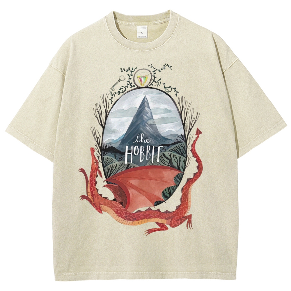 Watercolor-Style Mountain & Dragon Graphic Washed T-Shirt