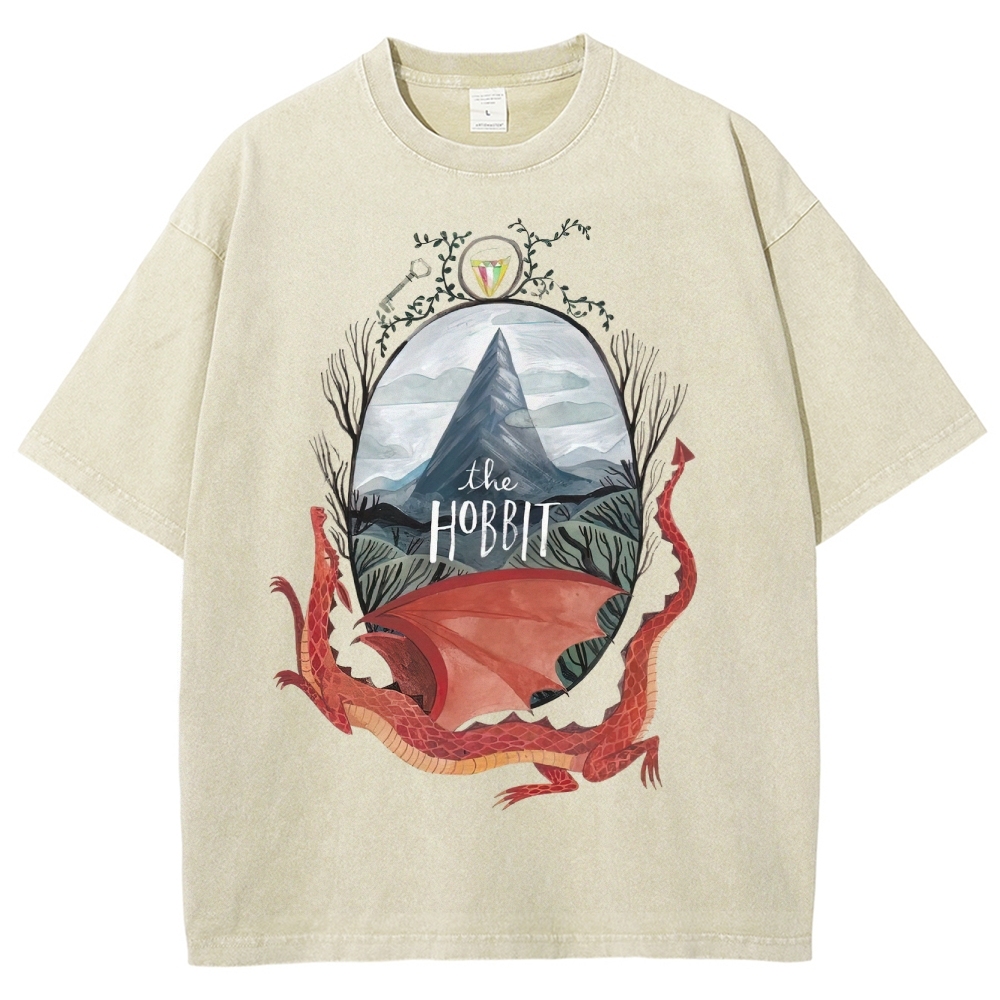 Watercolor-Style Mountain & Dragon Graphic Washed T-Shirt