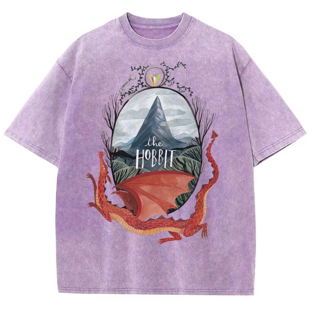 Watercolor-Style Mountain & Dragon Graphic Washed T-Shirt