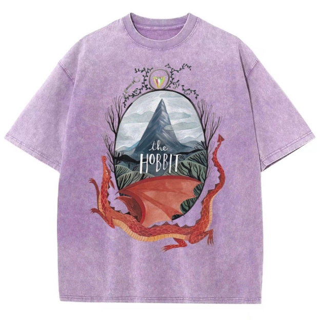 Watercolor-Style Mountain & Dragon Graphic Washed T-Shirt