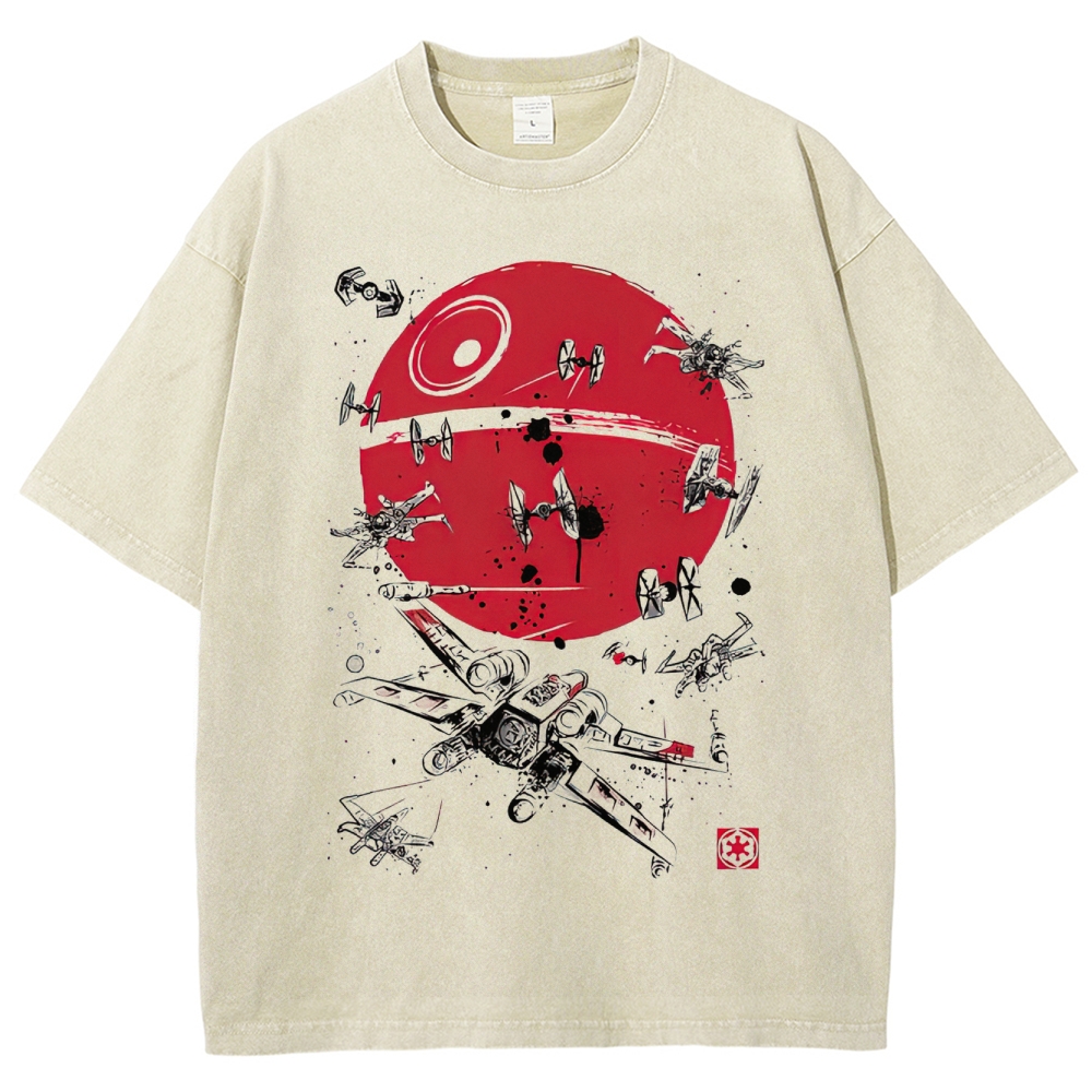 Space Battle Ink Art with Planet Silhouette Washed T-Shirt