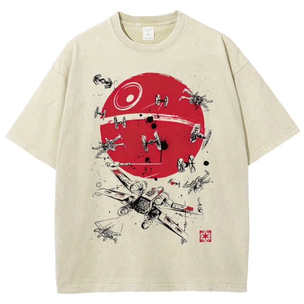 Space Battle Ink Art with Planet Silhouette Washed T-Shirt