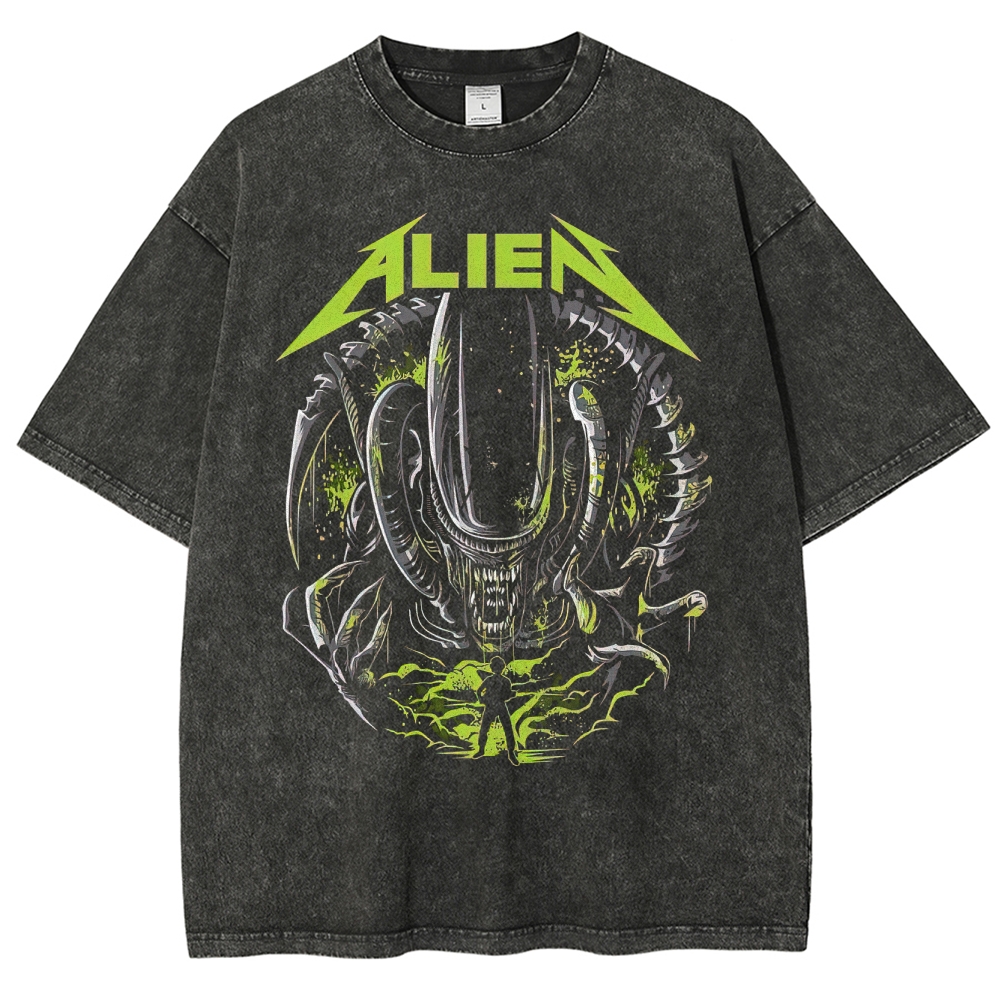 Alien Thrash Metal Style Creature Graphic Washed T-Shirt