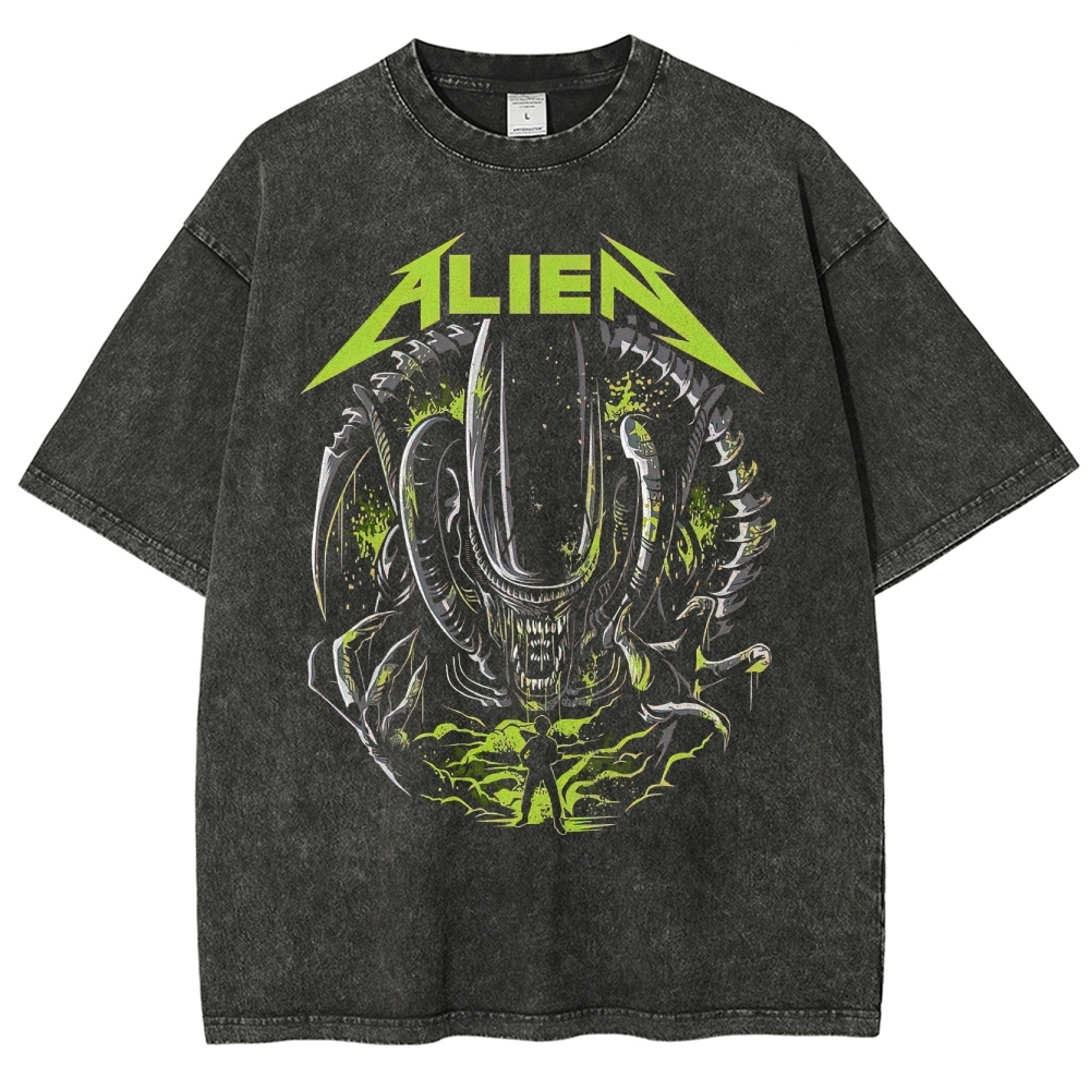 Alien Thrash Metal Style Creature Graphic Washed T-Shirt