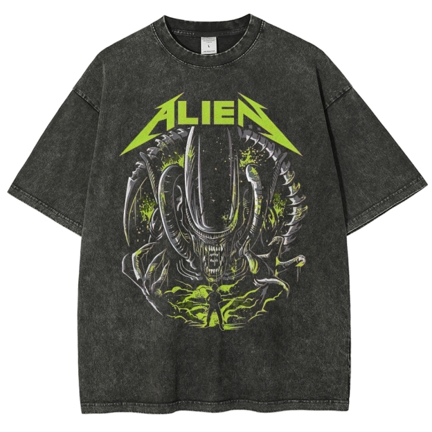 Alien Thrash Metal Style Creature Graphic Washed T-Shirt