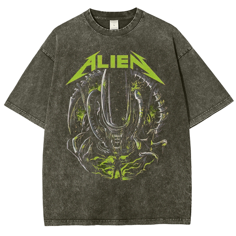 Alien Thrash Metal Style Creature Graphic Washed T-Shirt