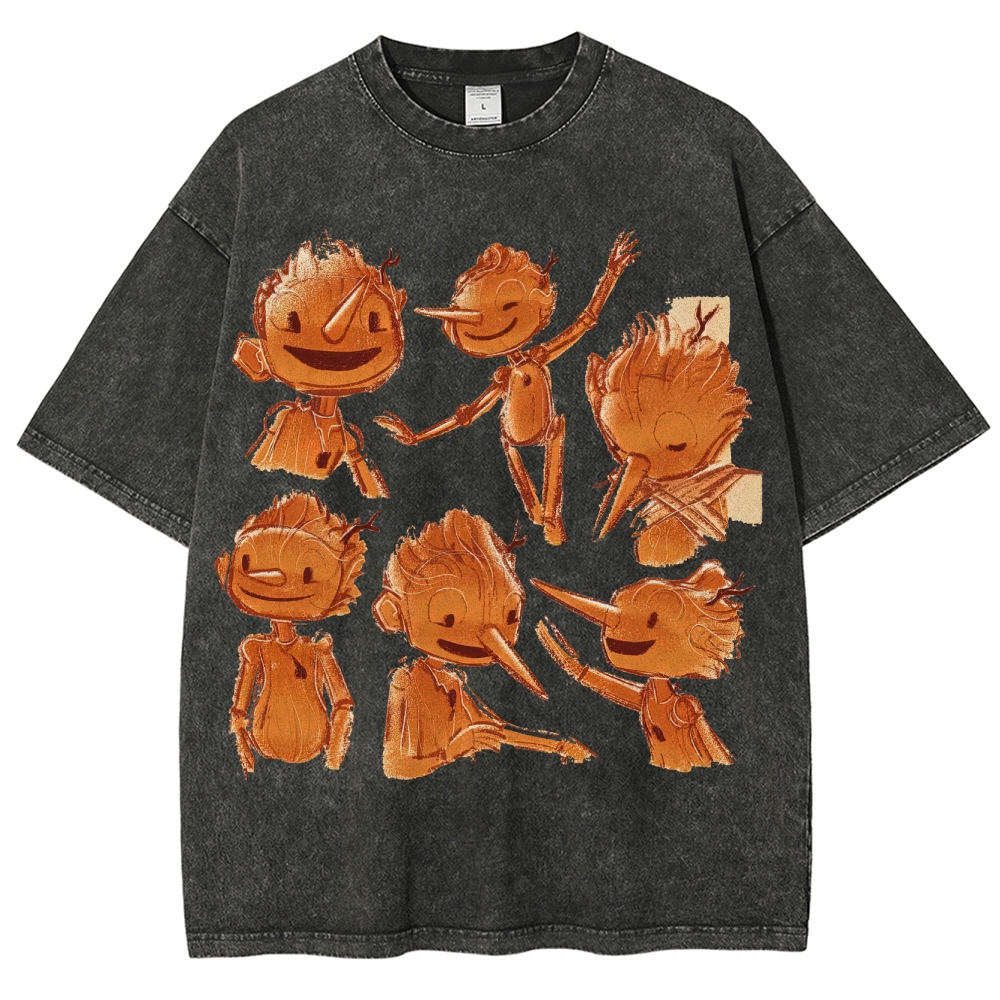 Wooden Puppet Sketch-Style Graphic Washed T-Shirt
