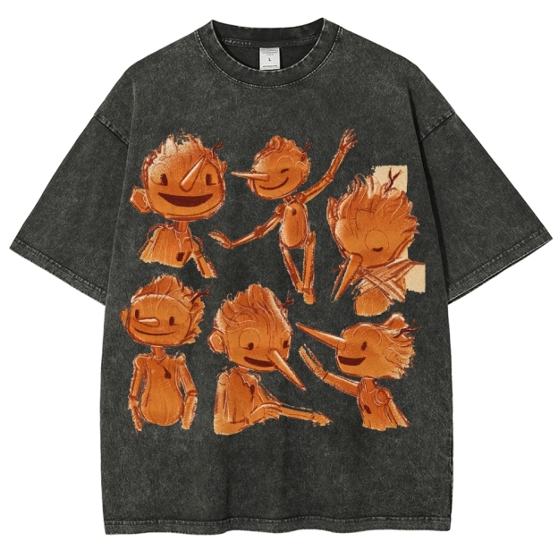 Wooden Puppet Sketch-Style Graphic Washed T-Shirt