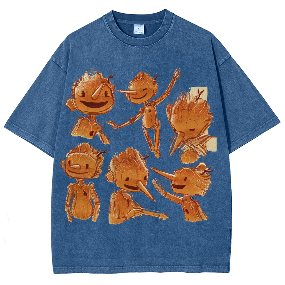 Wooden Puppet Sketch-Style Graphic Washed T-Shirt