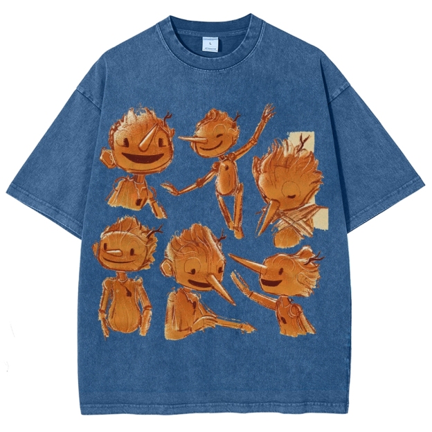 Wooden Puppet Sketch-Style Graphic Washed T-Shirt