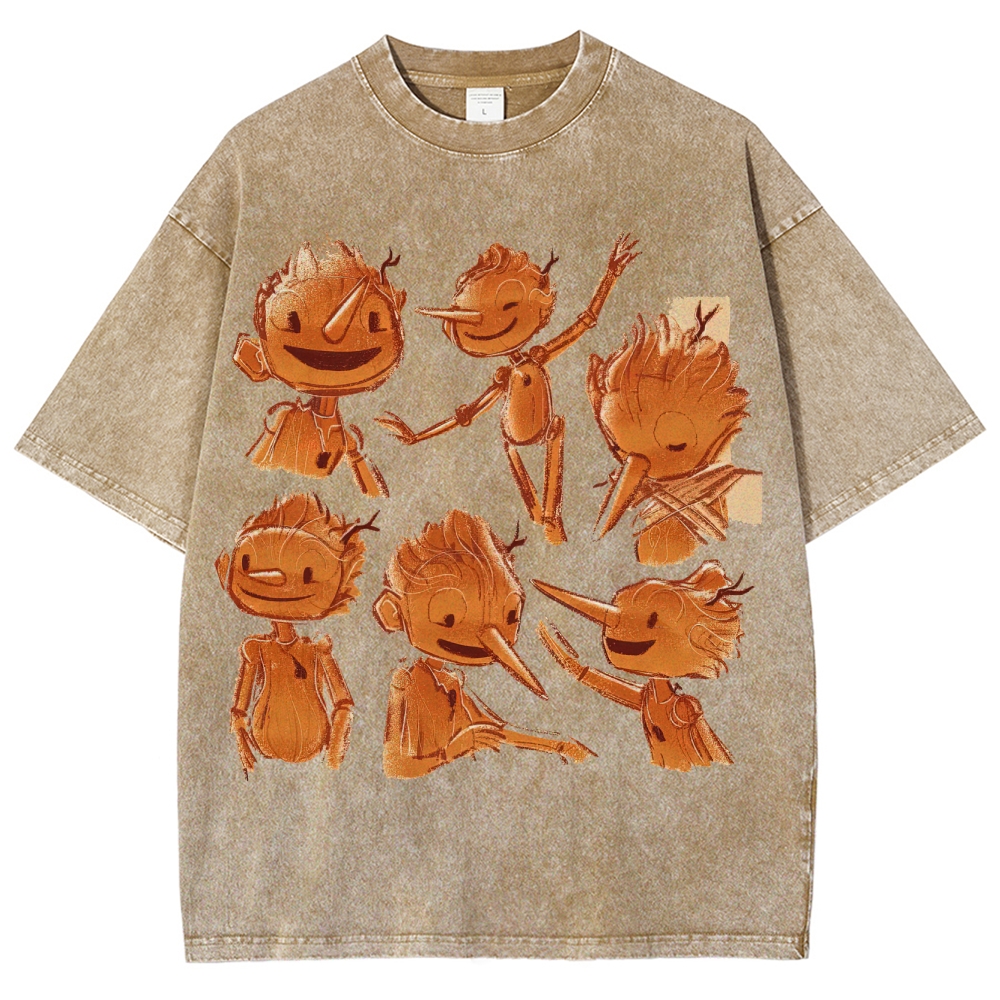 Wooden Puppet Sketch-Style Graphic Washed T-Shirt