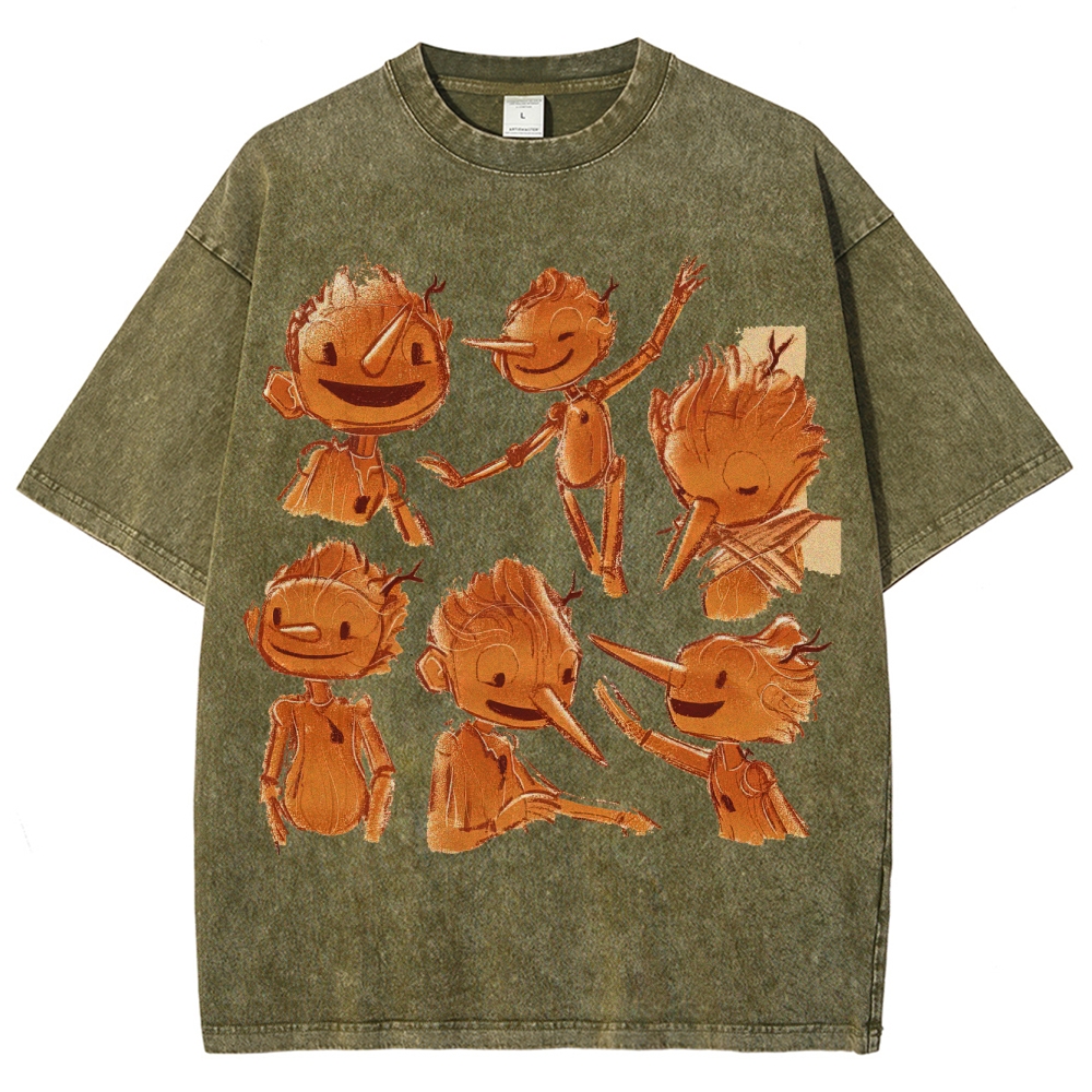 Wooden Puppet Sketch-Style Graphic Washed T-Shirt