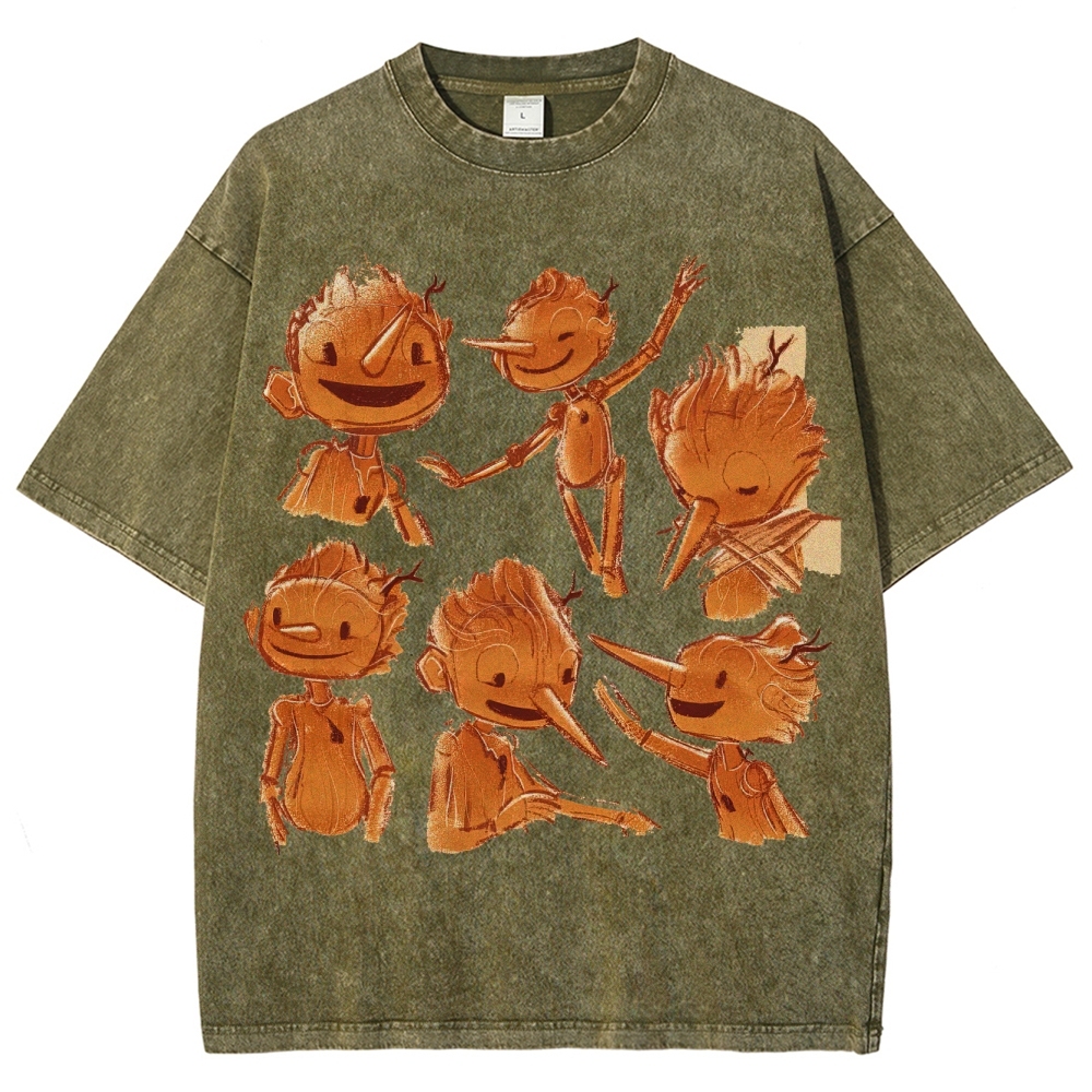 Wooden Puppet Sketch-Style Graphic Washed T-Shirt