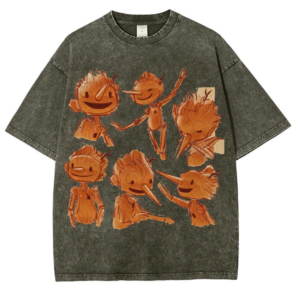 Wooden Puppet Sketch-Style Graphic Washed T-Shirt
