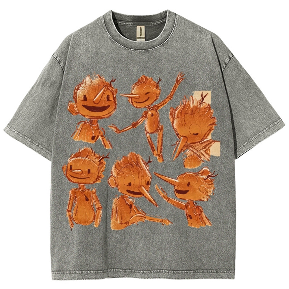 Wooden Puppet Sketch-Style Graphic Washed T-Shirt