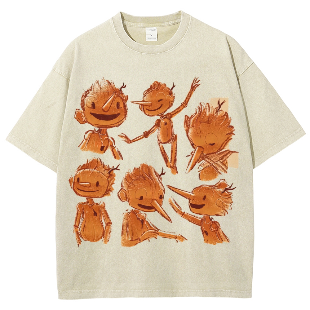 Wooden Puppet Sketch-Style Graphic Washed T-Shirt