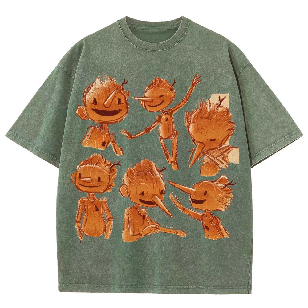 Wooden Puppet Sketch-Style Graphic Washed T-Shirt