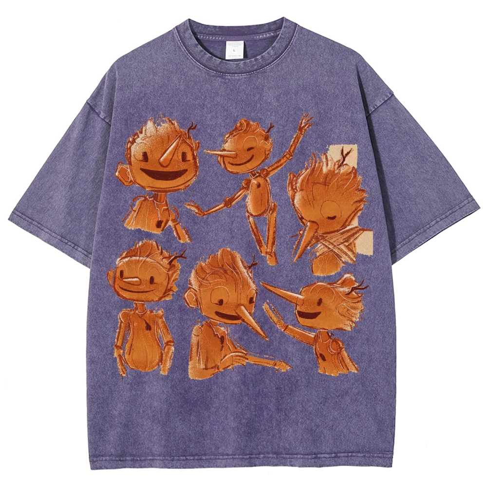 Wooden Puppet Sketch-Style Graphic Washed T-Shirt